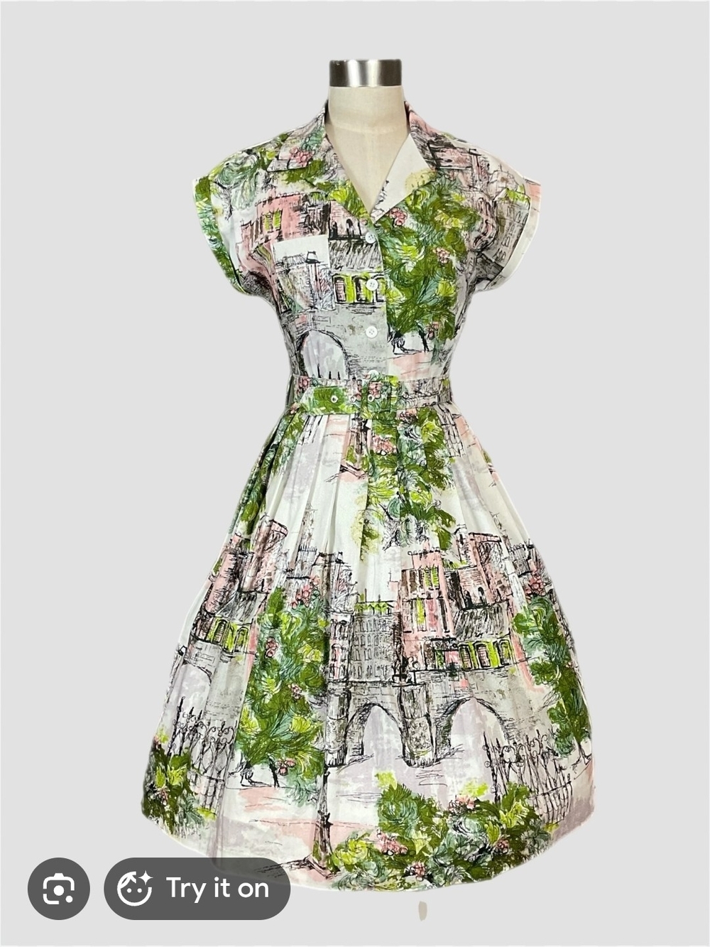 Scenic Print Fit-and-Flare Midi Dress in Green & Pink - Size 14